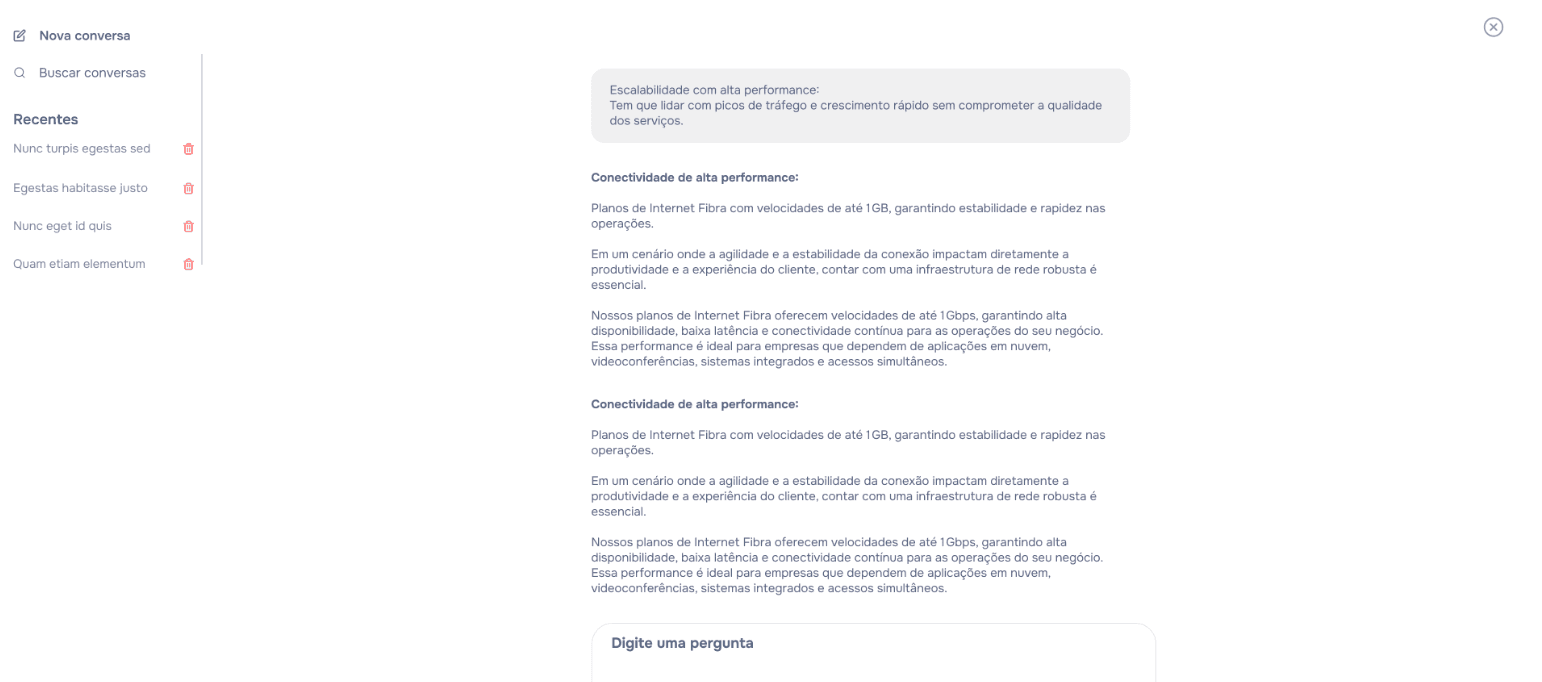 Interface de IA com histórico de conversas e respostas técnicas