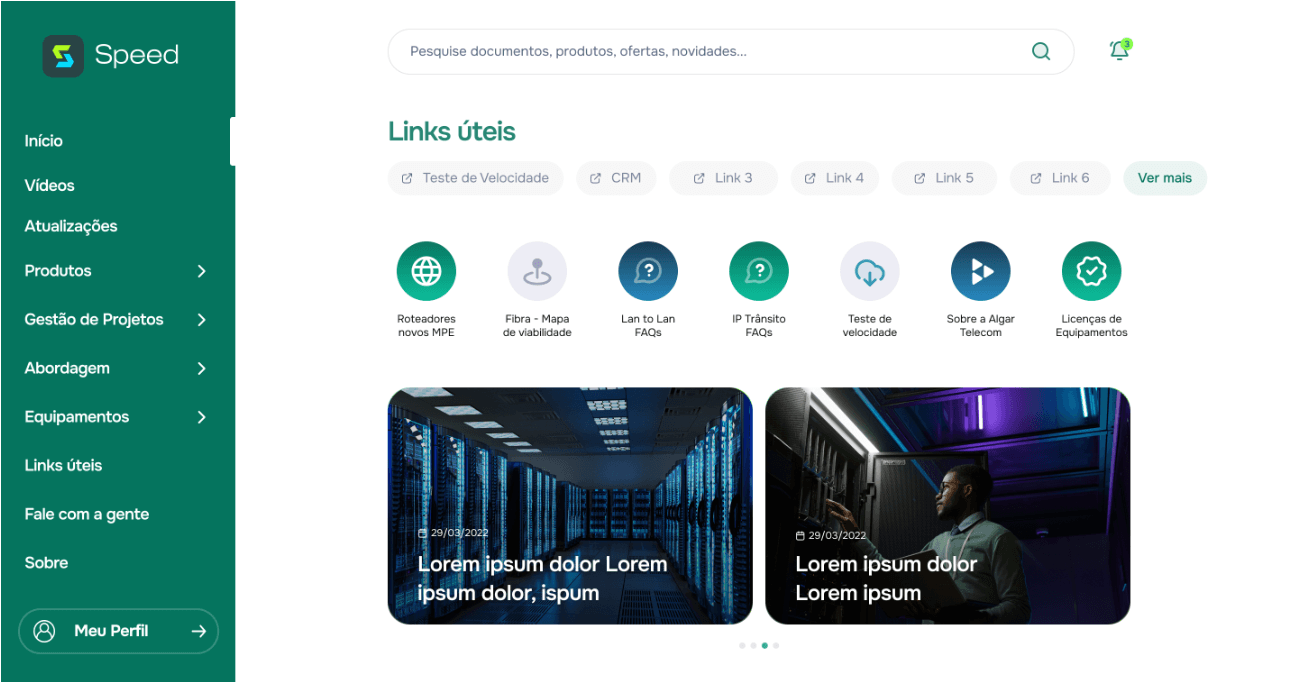 Painel da Speed com links úteis, FAQs e novidades sobre produtos