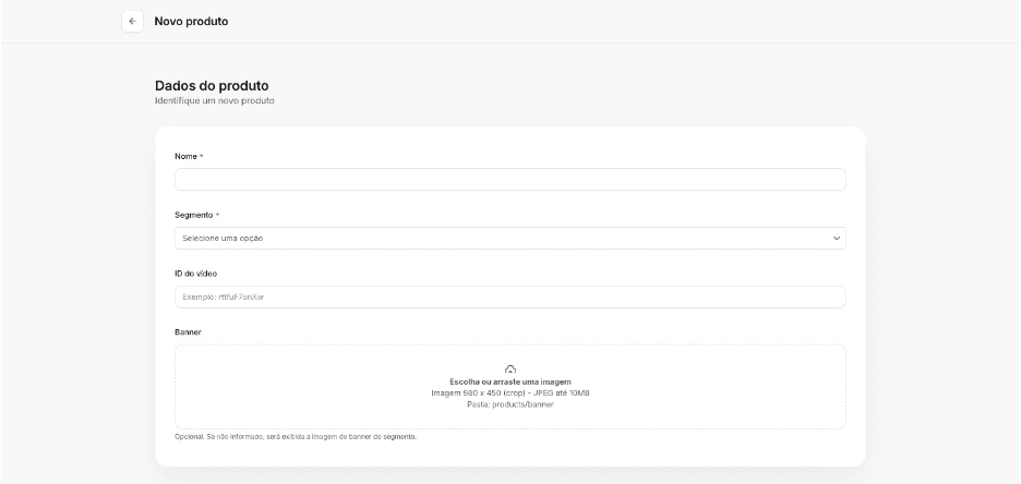 Formulário de cadastro de novo produto na plataforma Speed